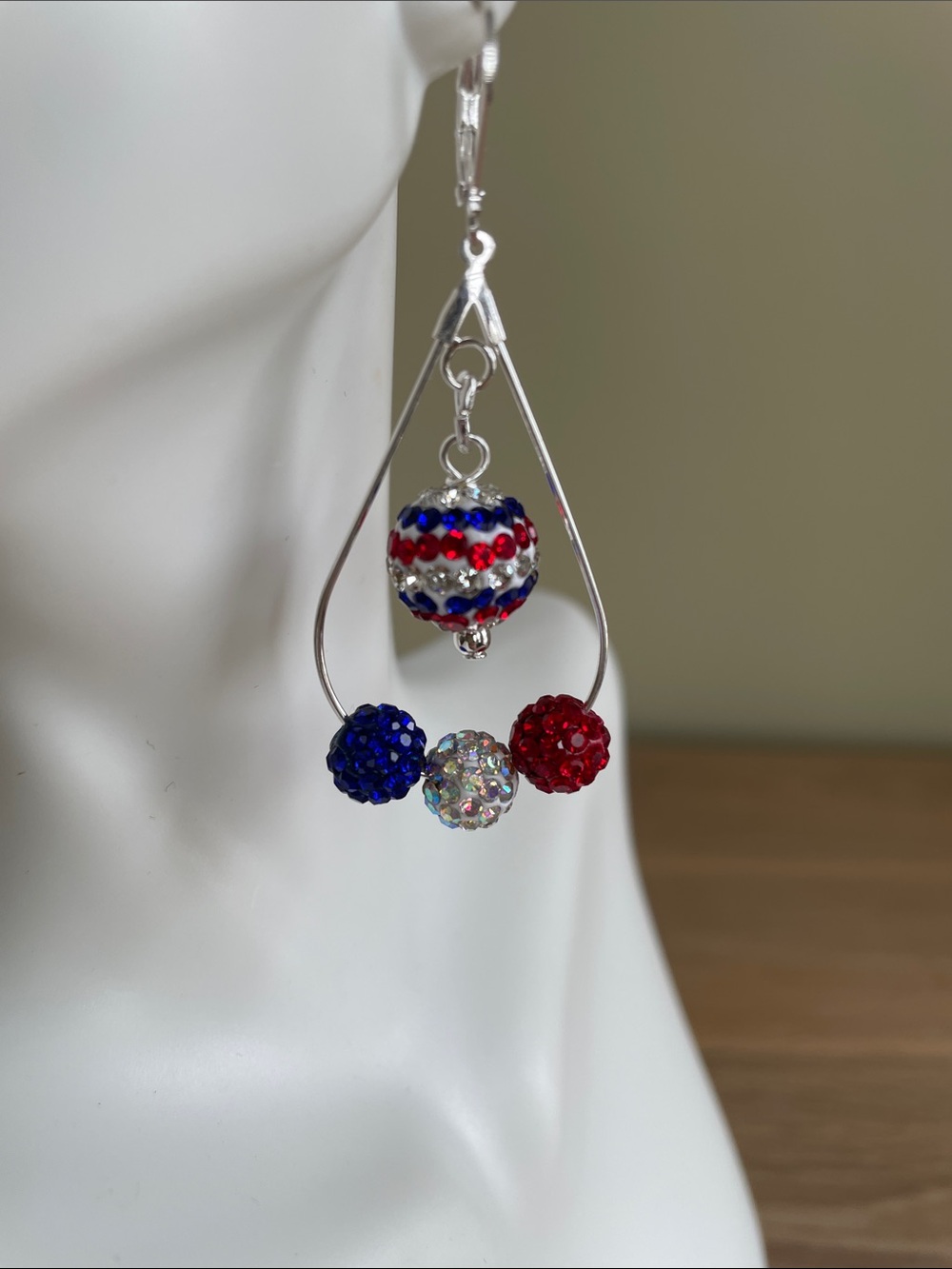 HAND CRAFTED PATRIOTIC TEARDROP EARRINGS Red White & Blue Crystal Disco Balls